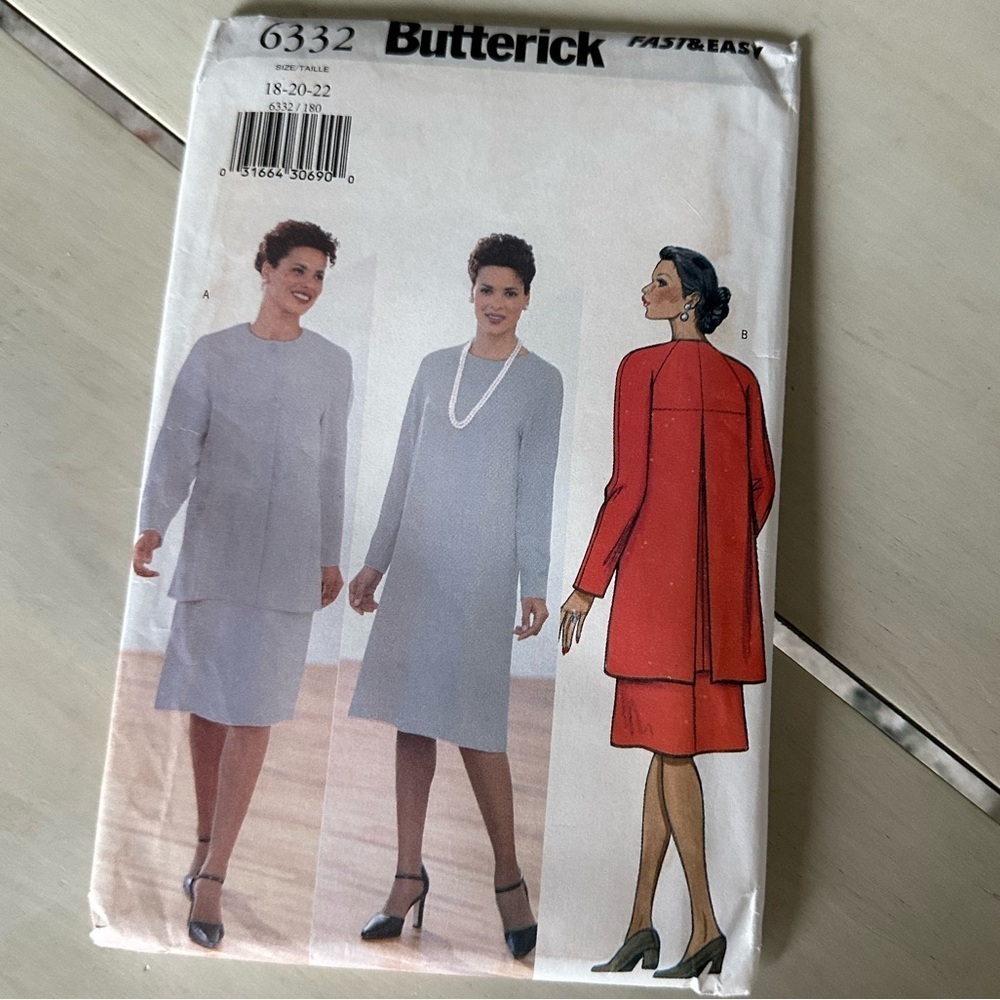 Vintage Butterick 6332 Office Fast Easy Dress & Jacket Sewing Pattern 18, 20, 22